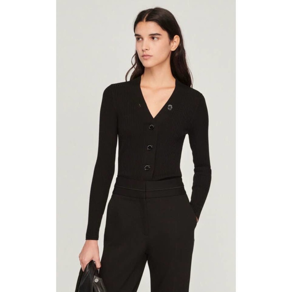 Sandro Black Ribbed Button Front Gabrielle Knit Cardigan